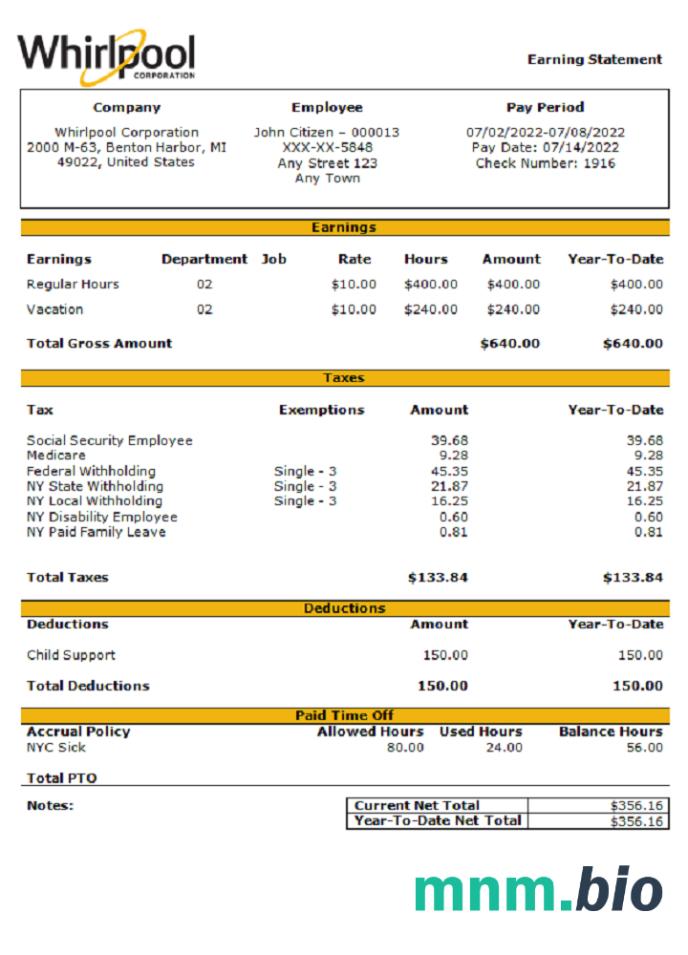 USA Whirlpool Corporation commercial company pay stub
